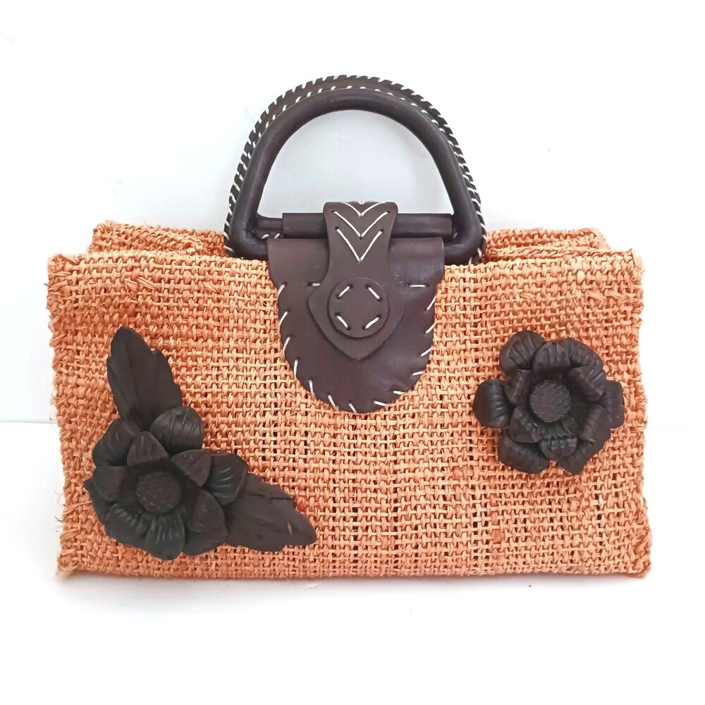 NEW Handcrafted Woven Coral Jute Satchel Brown Leather Floral Trim Top Handles